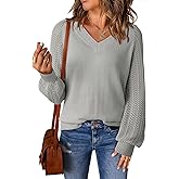 Dokotoo Women's Casual V-Neck Long Sleeve Sweaters Solid Color Pullover Knit Sweater Jumper Tops