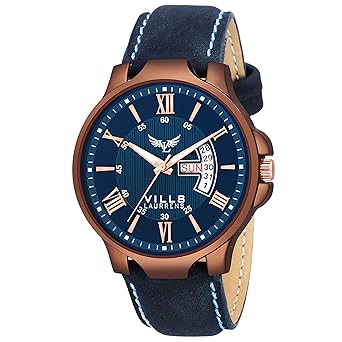 Vills Laurrens VL-1156 Stylish Day and Date Leather Strap (Blue) Analogue Watch for Men and Boys