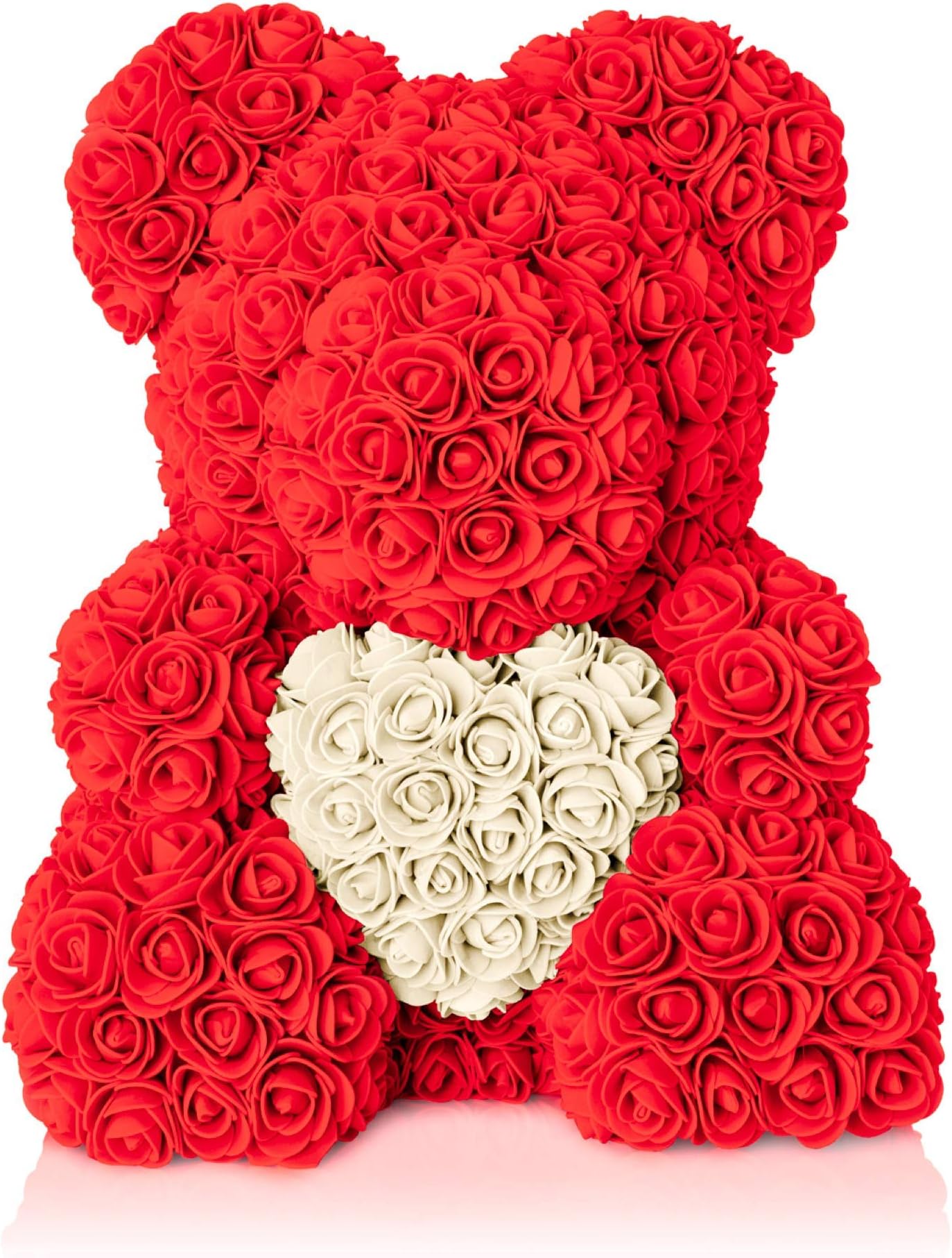 The Forever Rose Teddy Bear for Valentines - Gorgeous 14" Teddy Bear Made with Handmade Roses in Elegant, Fancy Valentine Gift Box (Red w/Champagne Heart)