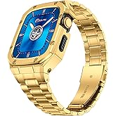 HASLFM Stainless Steel Band and Case Compatible with Apple Watch Series 9 8 7(41mm), 6 5 4 SE3/2/1(40mm), Series 3 2 1(38mm),Adjustable Metal Strap and Rugged Protector Cover for iWatch Men,Gold