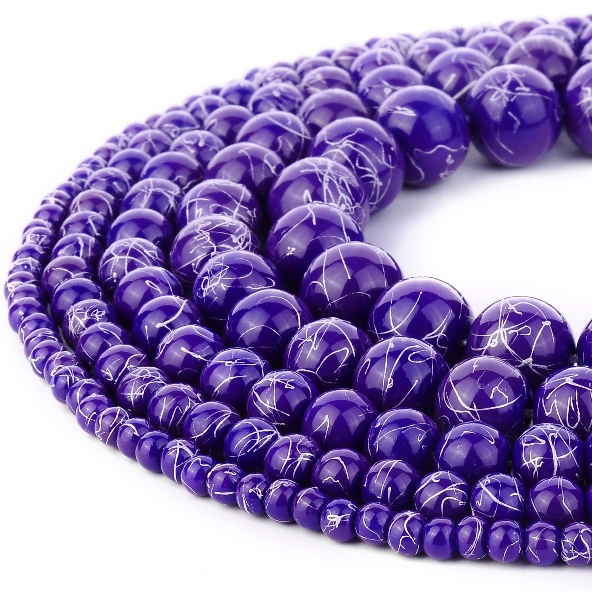 RUBYCA 300pcs Mixed Sizes Loose Glass Beads for Jewellery Making, Opaque Blue, Silver Paint Splatter