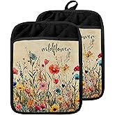 GOOZHO Wildflower Pot Holders with Pockets, Rustic Cottagecore Vintage Floral Botanical Oven Pot Holders Heat Resistant Oven Mitts Hot Pads for Kitchen Baking Cooking