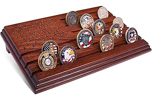 TESLYAR 6 Rows Military Challenge Coins Display Stand - Wooden Holder for 30-36 Coins - Solid Wood Display Rack for Desk, Army Collectible Challenge Coin Display Case - American Flag Design (Mahogany)