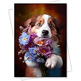 Australian Shepherd with Flowers All Occasions Greeting Card from Unique Dogs Party Delights Collection Large 5x7 Inch Blank Inside with White Envelope