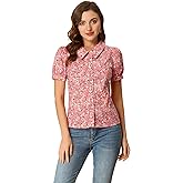 Allegra K Women's Summer Shirt Top Puff Short Sleeve Point Collar Button Down Floral Blouse