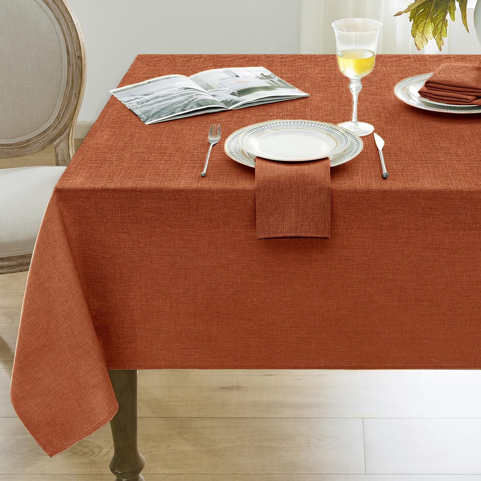 Photo 1 of Softalker Fall Linen Textured Rectangle Tablecloth, Thanksgiving Waterproof Farmhouse Burlap Table Cloth, Stain Resistant Table Covers for Kitchen Dining Holiday Party (60 x 120, Burnt Orange)