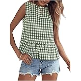 Floerns Women's Gingham Print Sleeveless Round Neck Ruffle Hem Peplum Blouse Top