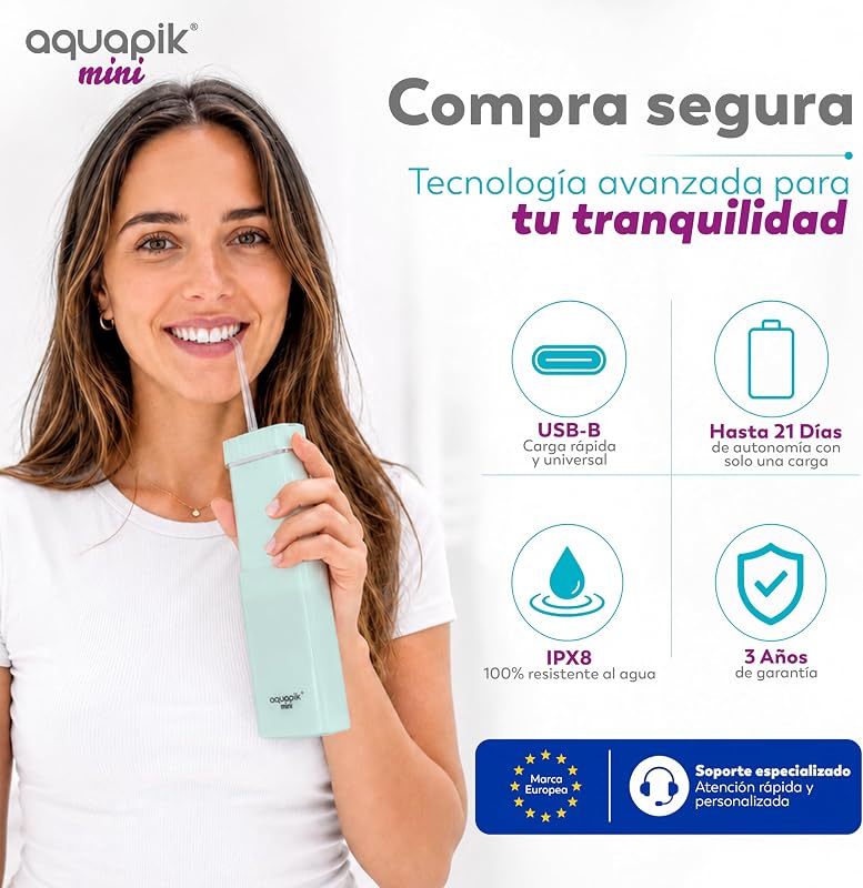 Irrigador dental portátil Aquapik Mini 140 ml | Water flosser recargable USB tipo C | 3 modos presión | limpieza profunda | Ideal para Encías sensibles, ortodoncia e implantes dentales (Azul)
