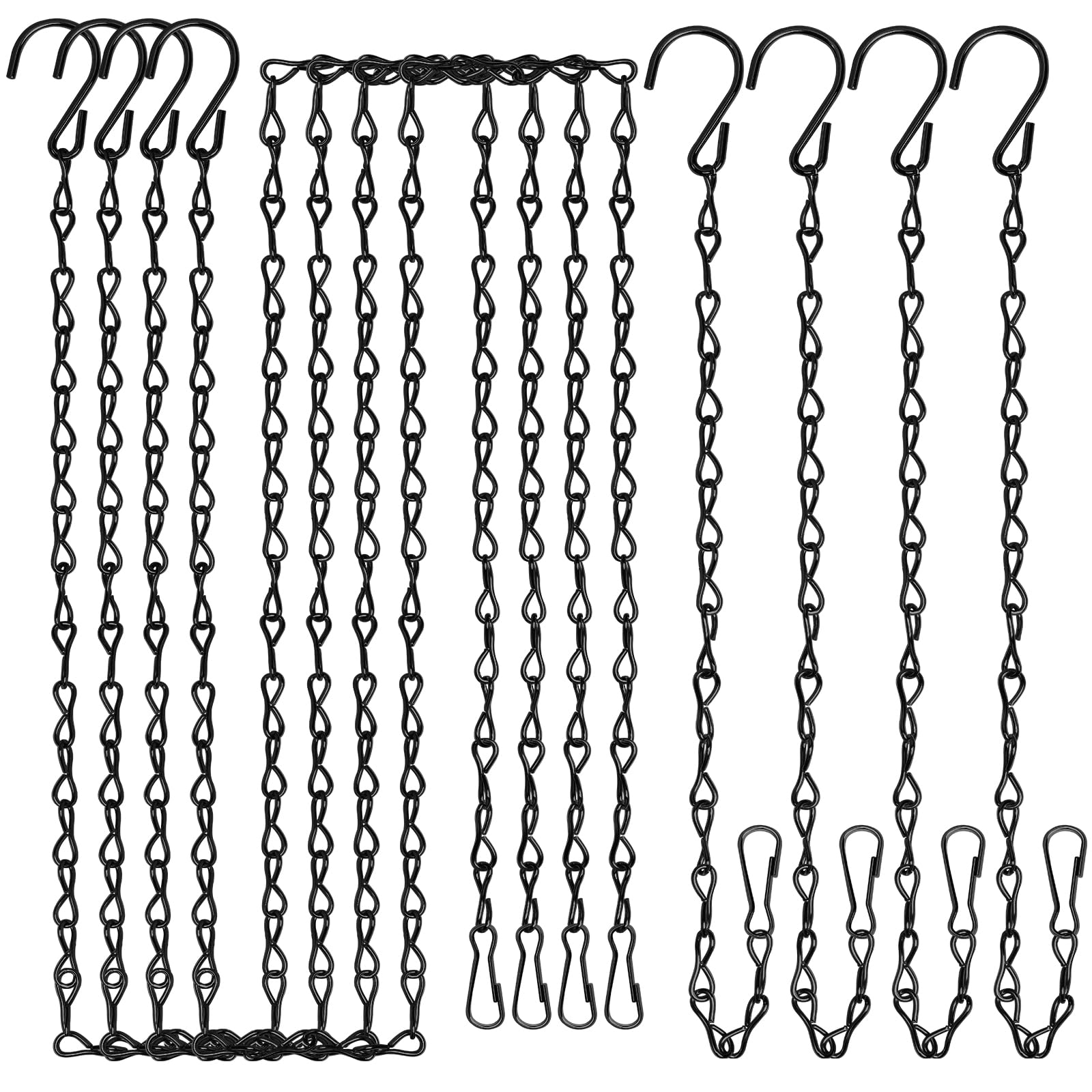Teenitor 8 Pcs Black Metal Hanging Basket Chains, 4 Pcs 35 Inch & 4 Pcs 13 Inch Replacement Extender Metal Chains Set with Clips & Hooks for Chicken Feeder Bird Cage Planters Lanterns Ornaments