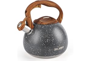 BELANKO 2.7 Quart Tea Kettle for Stovetops - Food Grade Stainless Steel Teapot with Loud Whistle, Cool-Touch Wood Pattern Handle, Rust-Resistant Whistling Kettle - Starry Gray