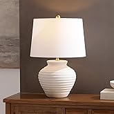 SAFAVIEH Lighting Collection – Ledger Rustic Farmhouse Bone Ceramic Table Lamp with White Drum Shade, 23-Inch Bedroom or Livi
