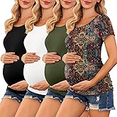 Ekouaer 4 Packs Women’s Maternity Shirts Short Sleeve Side Ruched Pregnancy Tee Tops Tunic Blouse Mama Clothes