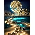 mrpwnle Moon Diamond Painting Kits for Adults, 5D Moonlight Beach Diamond Art Kits for Beginners, DIY Full Round Drill Seaside Landscape Rhinestones Crafts Kits, Home Wall Decor 12 x 16 Inch