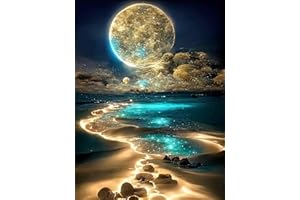 mrpwnle Moon Diamond Painting Kits for Adults, 5D Moonlight Beach Diamond Art Kits for Beginners, DIY Full Round Drill Seaside Landscape Rhinestones Crafts Kits, Home Wall Decor 12 x 16 Inch
