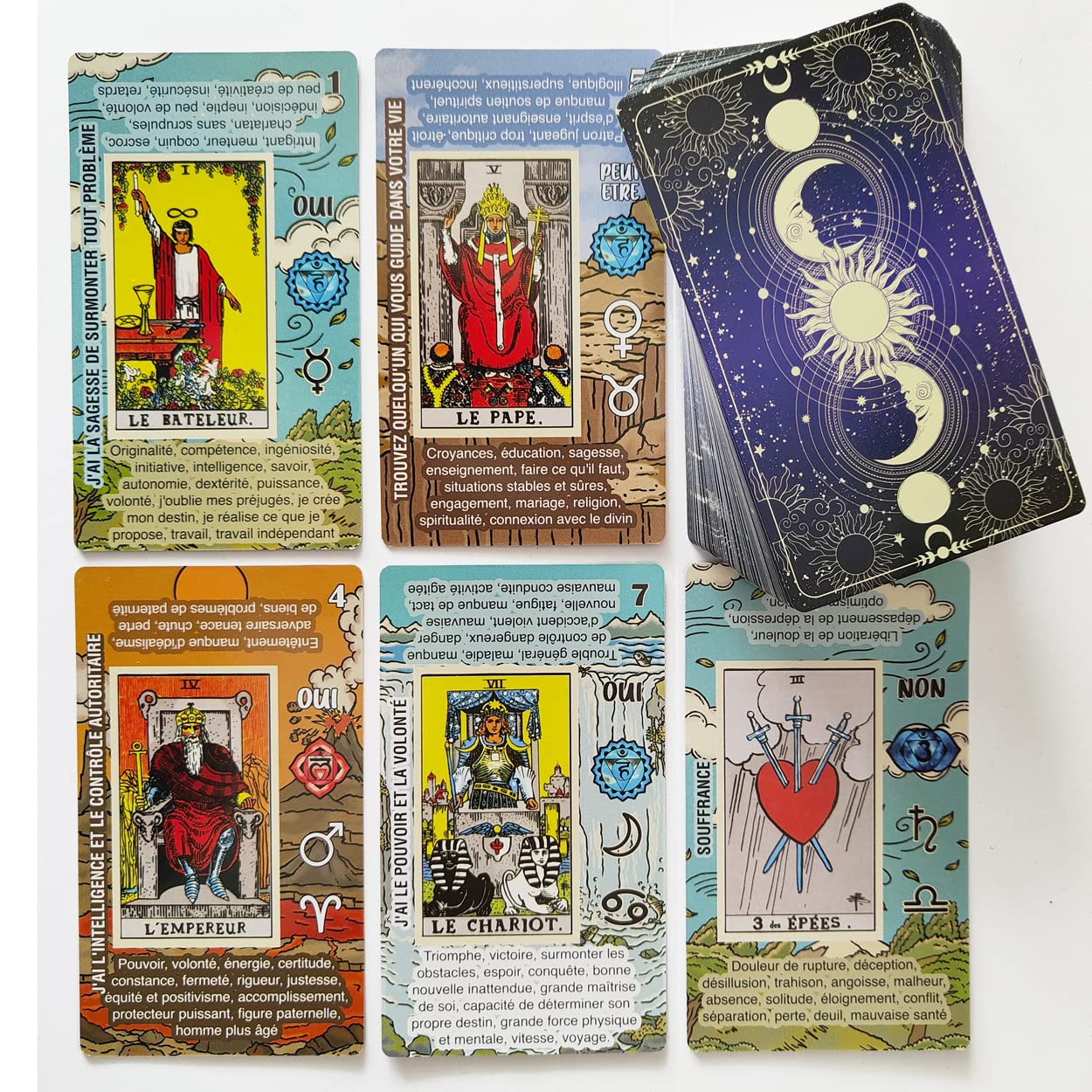Tarot Cards for Beginners – Beginner Tarot Deck with Meanings on Them – Yes or No, Astrology, Planets & Chakras – No Guidebook Needed (French)