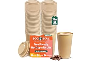 ECO SOUL 100% Compostable plant-starch 16oz hot cups compostable lids | (50 Count, 16 oz Hot Cups) | Disposable Bagasse Paper