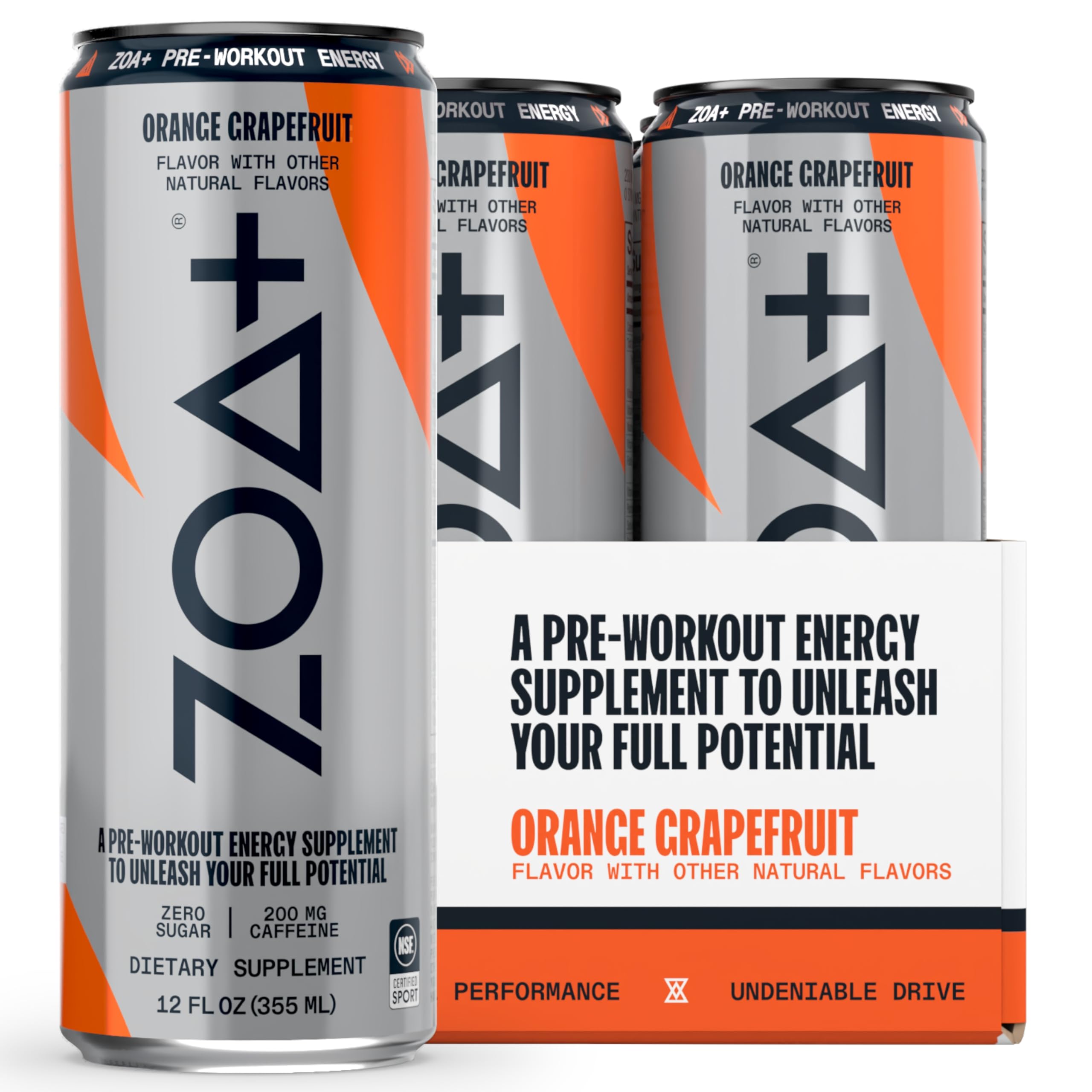ZOA+ Pre-Workout Energy Drink Supplement - NSF Certified for Sport with Zero Sugar, Nitric Oxide Support, B & D Vitamins, Amino Acids, and Electrolytes (Orange Grapefruit) Image