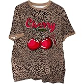 Floerns Women's Cute Shorts Sleeve Tee Tops Cherry Leopard Crew Neck Summer T Shirts