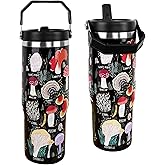cahduenx 30 oz Mushroom Tumbler with Straw Handle, Black Mushroom Gifts for Women Men, Stainless Steel Insulated Water Bottle Coffee Cups for Home Office Travel