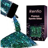 Renfio Iridescent Chunky Glitter, 1.76oz/50g Olive Green Glitter for Resin | Green PET Flake Mixed Fine Glitter Powder for Snowglobe Tumbler,Craft,Epoxy Resin,Festival Decor,Nail,Slime