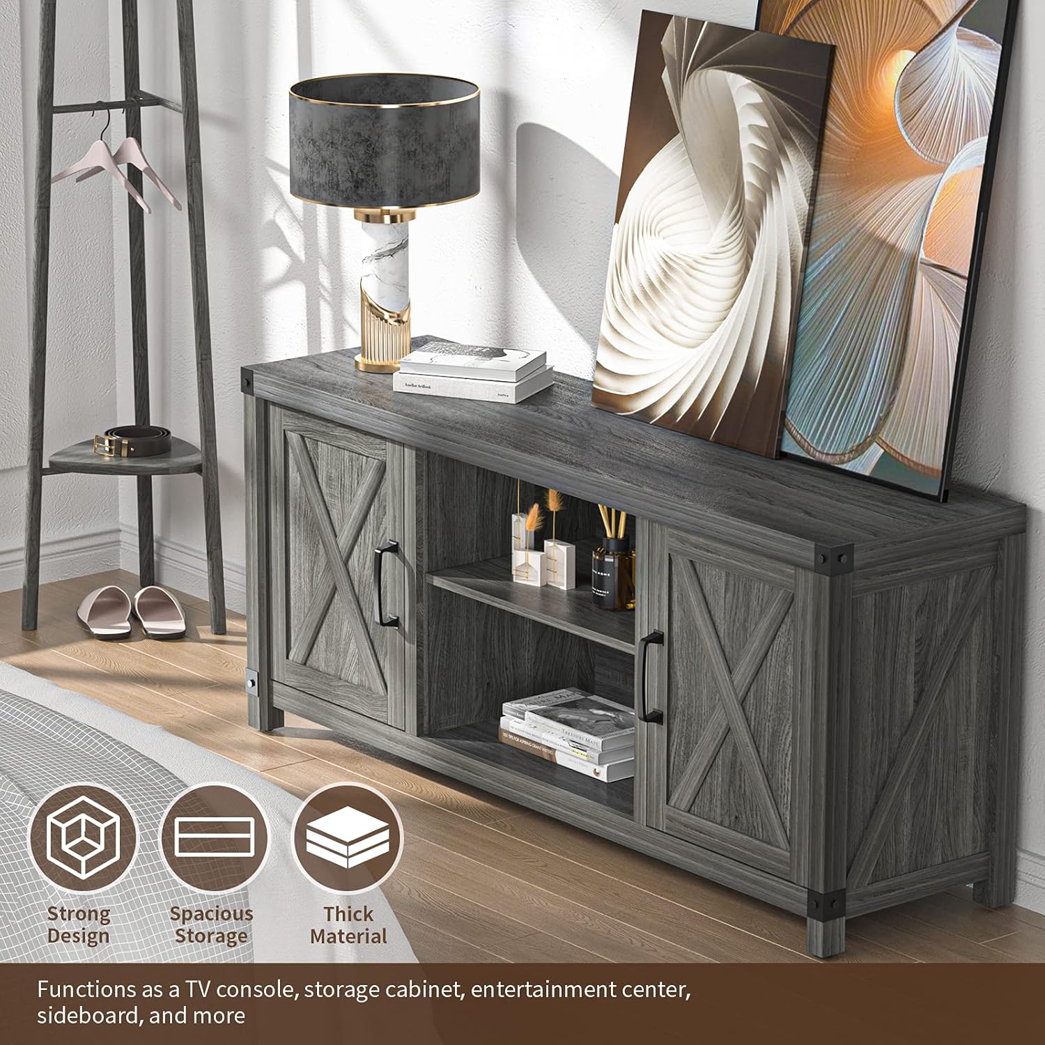 TV Console Cabinet for TVs up to 65 Inch W/Media Shelves, Farmhouse TV Stand Style Entertainment Center for Soundbar or Other Media, Barn Door TV Stand with Storage for Living Room, APRTS02D: Electronics