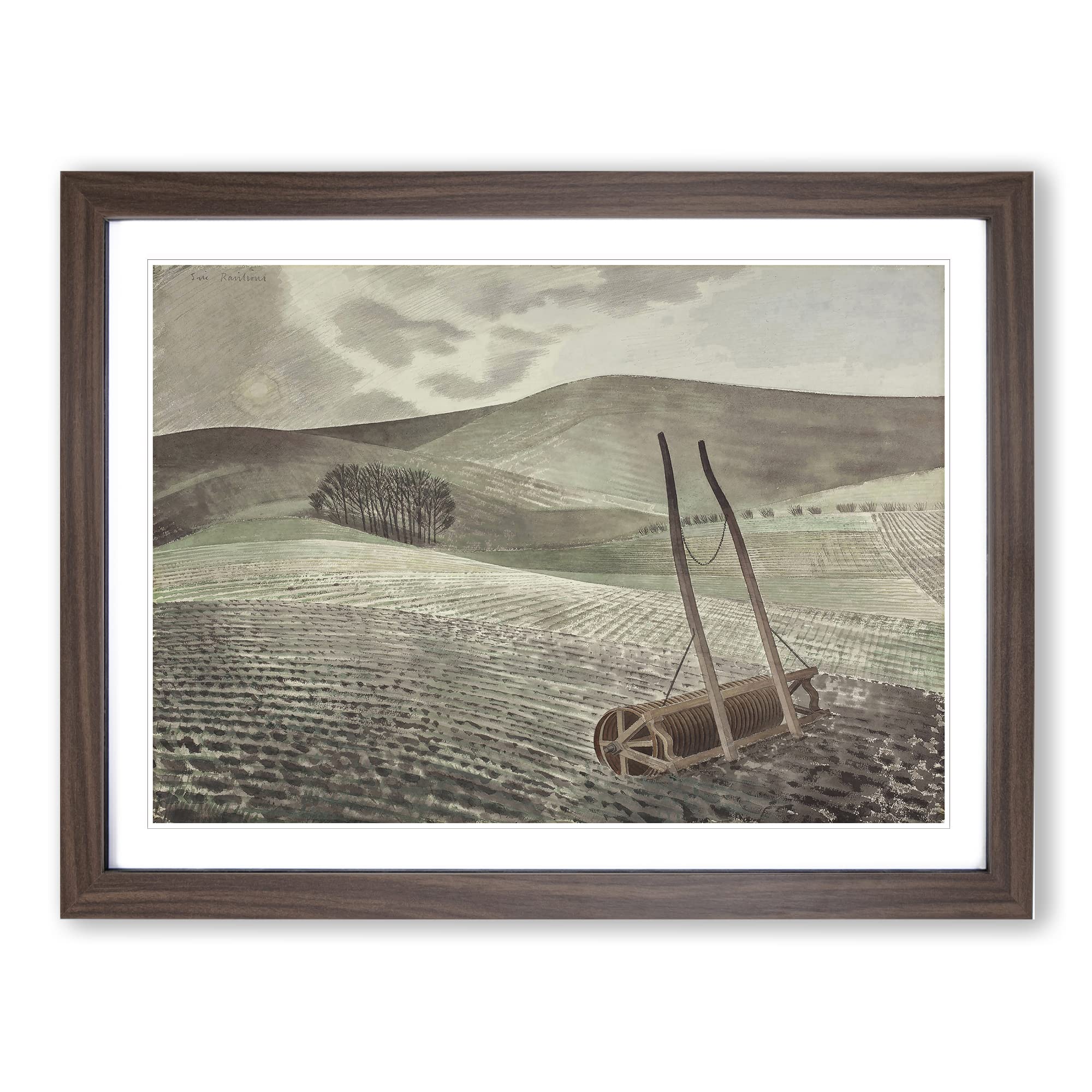 Downs In Winter By Eric Ravilious Classic Painting Framed Wall Art Print, Ready to Hang Picture for Living Room Bedroom Home Office Décor, Walnut A4 (34 x 25 cm)