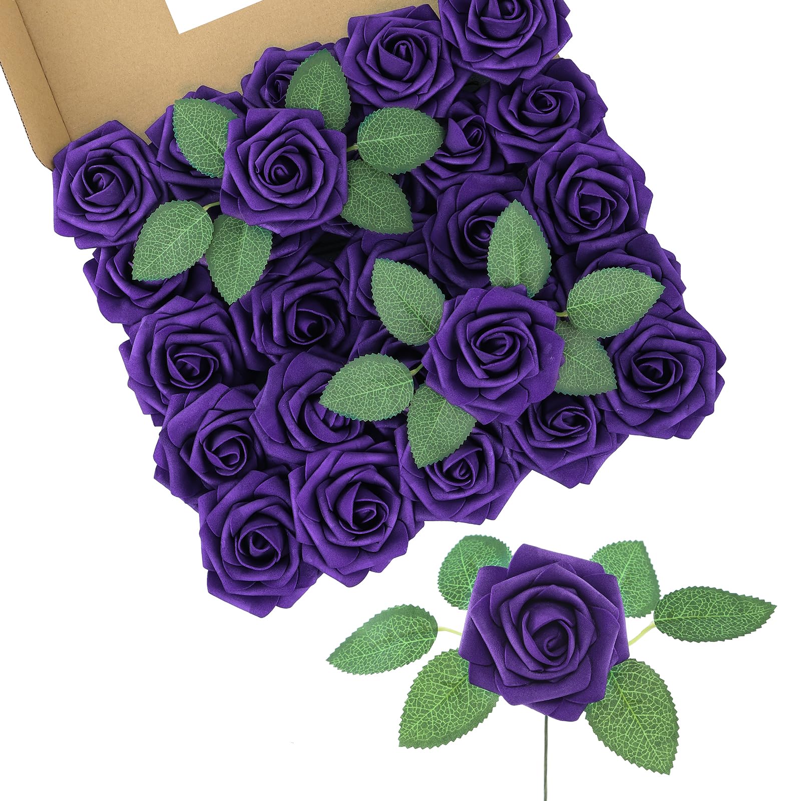 DuHouse 25Pcs Artificial Roses Flowers Fake Rose with Stems Real Touch Foam Flower Head for DIY Wedding Bridal Bouquet Baby Shower Centerpiece Floral Arrangement Party Home Decor(Purple-A)