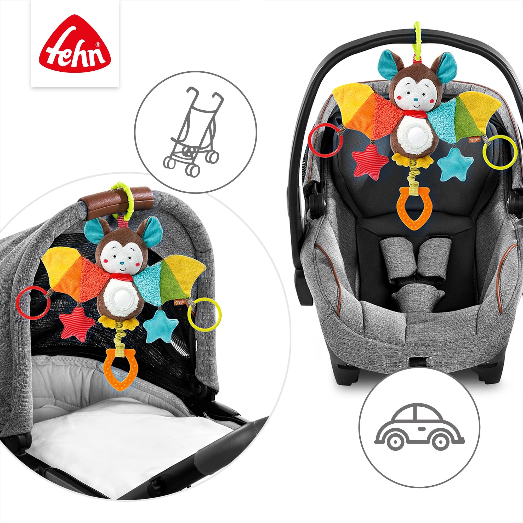 Fehn Activity-Spieltier Fledermaus – Baby Motorikspielzeug für Kinderwagen, Kinderbett und Babyschale zum Beißen, Greifen und Geräusche erzeugen - Beißring Spielzeug für Babys und Kinder ab 0+ Monaten 4