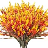 Grunyia 20 Bundles Artificial Plants Outdoor Fake Monkey Grass with Flowers (Fall Red)