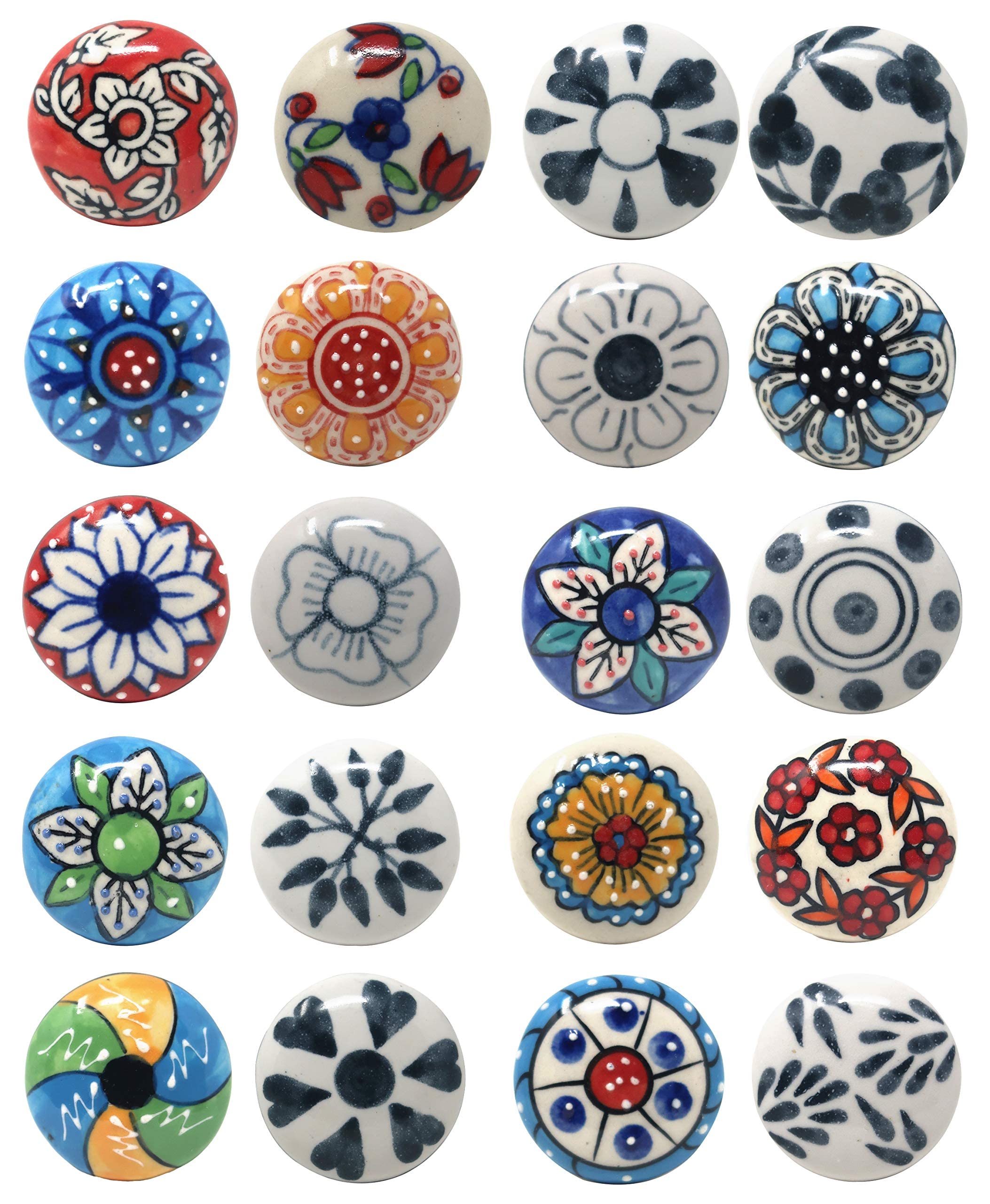 Ajuny Set of 20 Multicolour Ceramic Knobs – Floral Cupboard & Drawer Pulls – Decorative Furniture Handles for Kitchen Cabinets, Bathroom, Dresser & Wardrobe – Handmade Pottery, Vintage Style