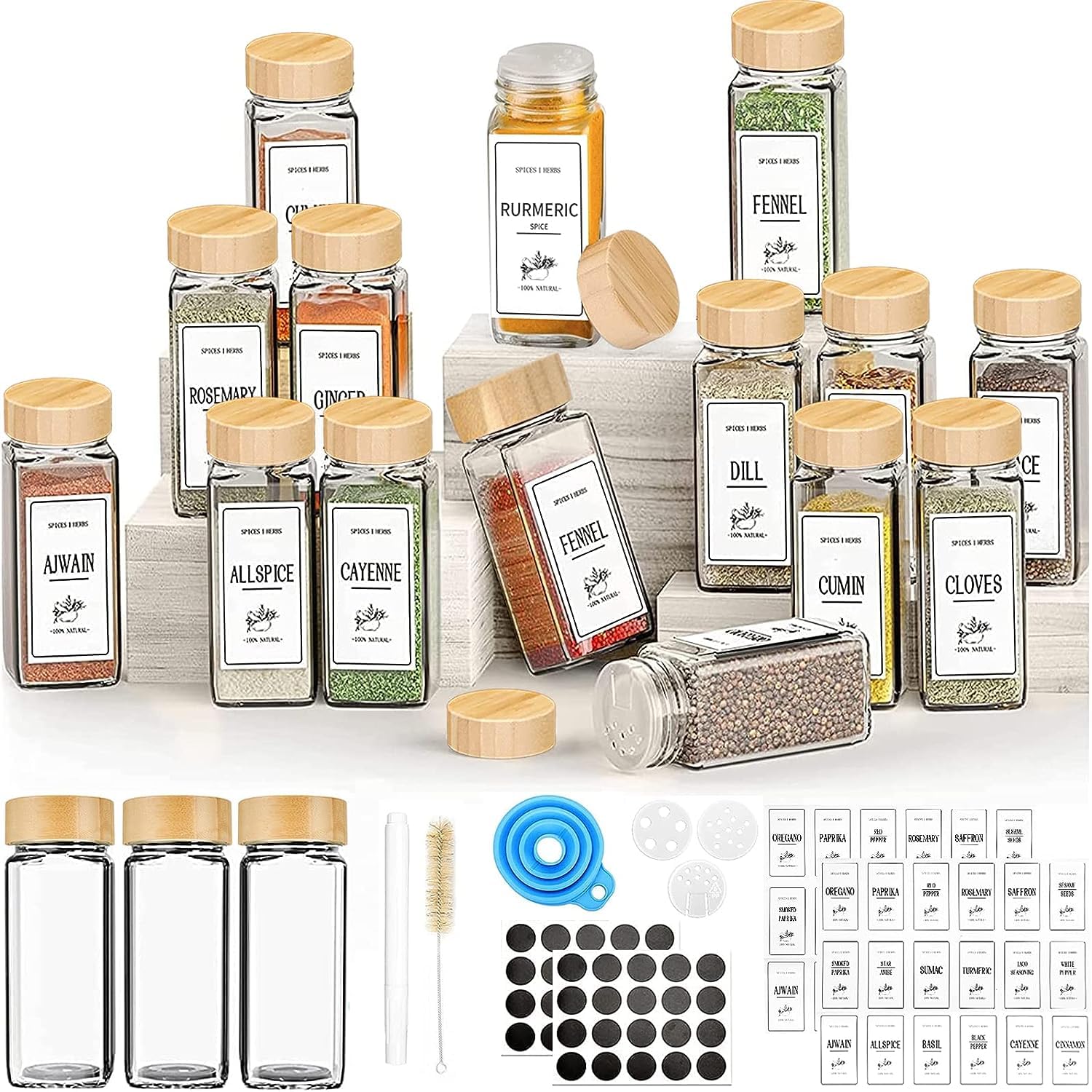 Yibaodan 12 Spice Jars with Bamboo Lids 4OZ Glass Spice Jars with Shaker Lids, Glass Spice Containers Seasoning Jars Bottles with 60 Spice Labels, (12-YG-01)