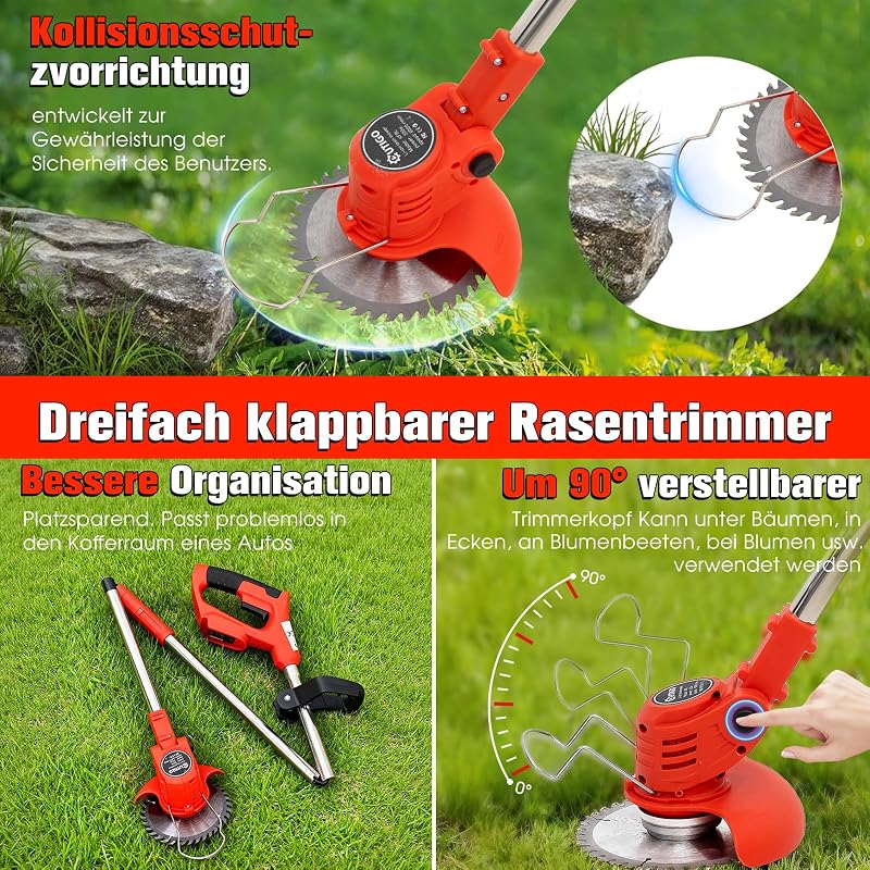 Akku-Rasentrimmer, batteriebetriebener Rasentrimmer mit 21 V, elektrischer Rasentrimmer ohne Kabel,mit 4 Arten von Klingen, Verstellbarer Kopf und Dreifach gefalteter Griff