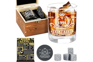 YEOHJOY 30th Birthday Gifts for Men,Vintage 1994 Whiskey Glass Set,Wood Box & 1994 Poster Anniversary Card &Whiskey Coaster & Stones,Bday Gifts Ideas for Him, Dad, Husband,30th Birthday Retirement Decorations