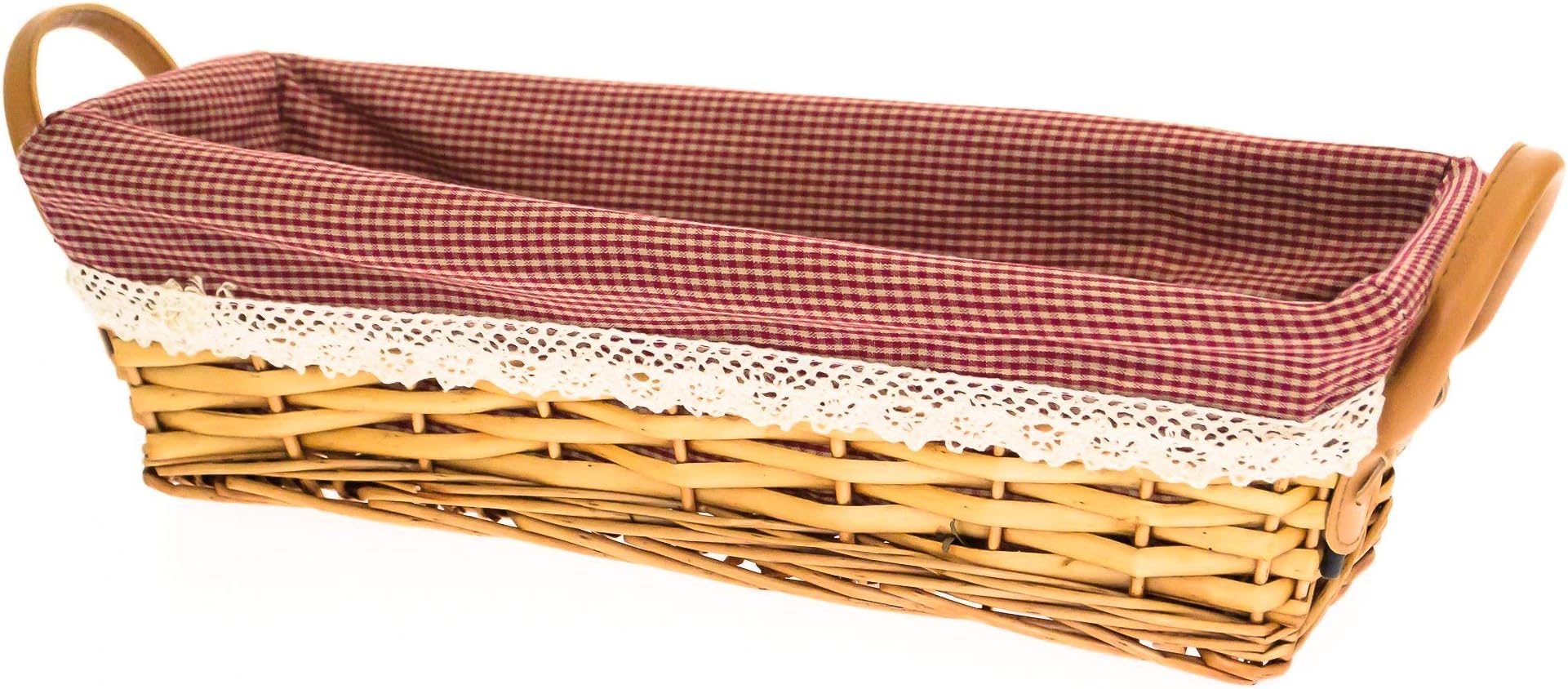 French Bread Honey Wicker Storage Basket with Gingham Cotton Lining and Faux Leather Handles (Single)