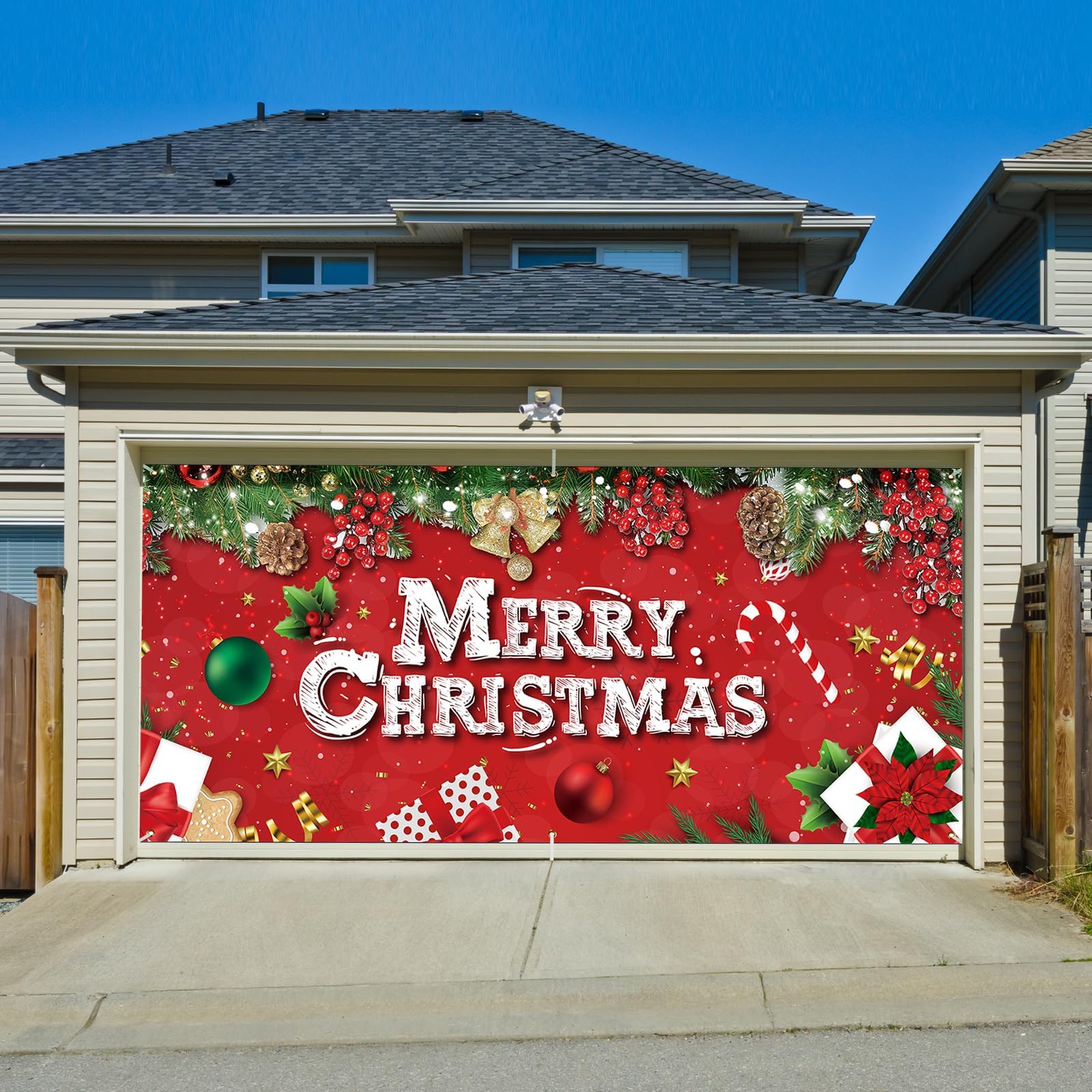 View 1 of 2025 Upgraded Magnetic Christmas Garage Door Covers 7x16ft, Garage Door Cover with 59Ft Rope, Merry Christmas Banner for Garage Door Decorations (Magnets*6 Included)
