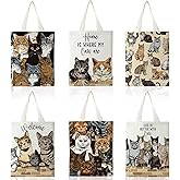 Bencailor 6 Pcs Cat Canvas Tote Bags Bulk Reusable Cat Lover Gift Bags | Cute Animal Tote Bags with Handles, Cat Lover Gifts for Women, shopping Bags for Women, with Small Pocket, Aesthetic Handbags