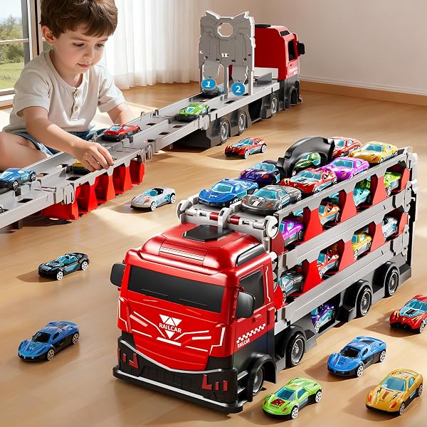 ZDRKWSM CARRIER TRUCK RACE TRACK TODDLERS TOYS, TOY TRUCK TRANSPORT CAR WITH 12 DIE-CAST TOY CARS, TRUCK CAR KIDS TOYS XMAS BIRTHDAY GIFTS FOR AGE 3 4 5 6 7 8 YEARS OLD BOYS GIRLS