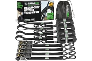 Rhino USA Ratchet Straps Tie Downs (4-Pack) - 1 Inch x 15 Feet (1,823lb Break Strength) - Ultimate Tie Down Straps with Safet