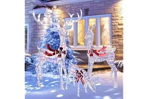 HOYECHI Christmas Decorations Outdoors Reindeer Family - Light up Christmas Decor Iridescent Deer 3 Piece with LED Lights, Extension Cord, Ground Stakes, for Outdoor Front Yard Porch - Iridescent