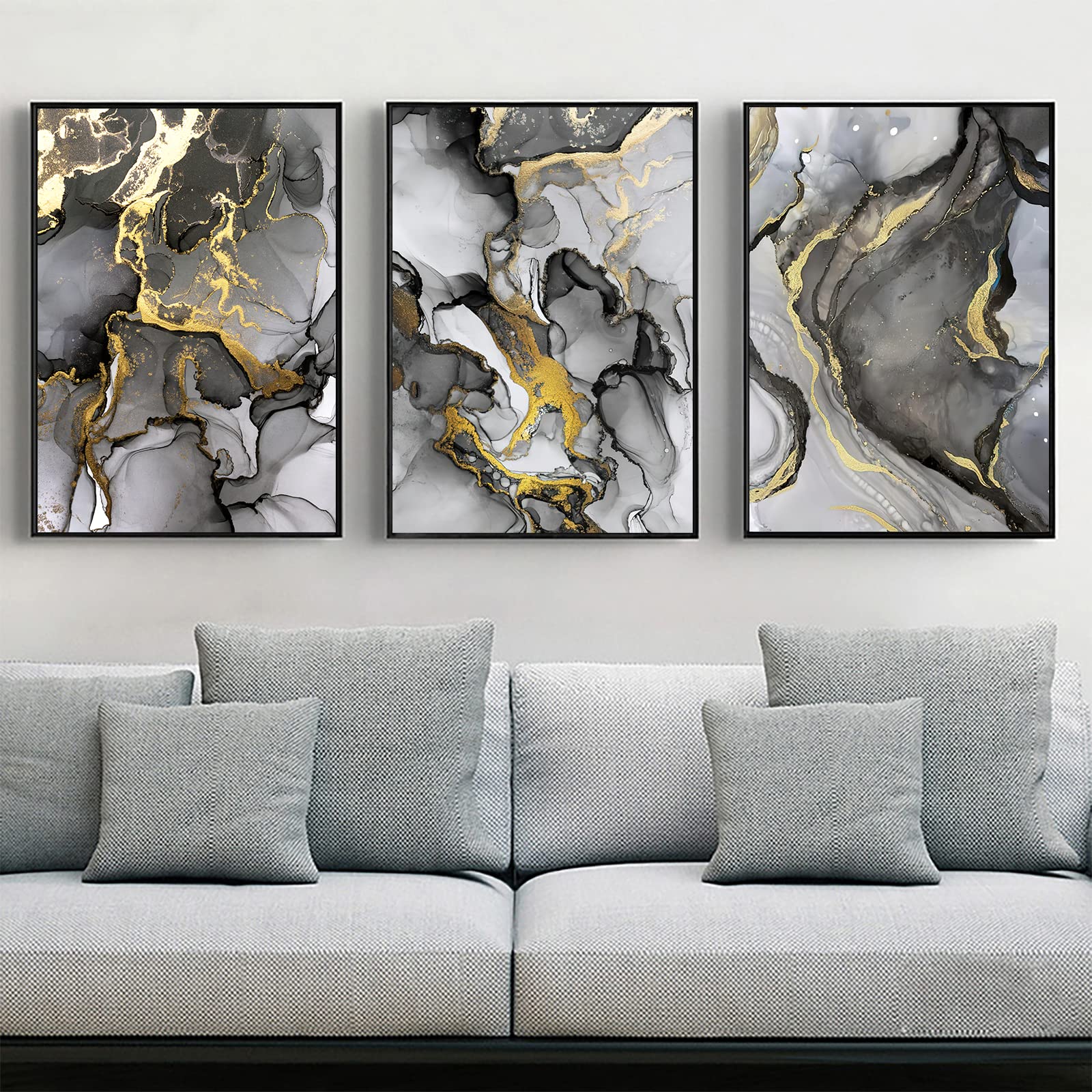 LYBOHO Wall Pictures Living Room Grey Golden Fluid Art Marble Texture Abstract Wall Art Canvas Pictures - Without Frame (Marbled 2, 3PCS-50x70cm) — image 1