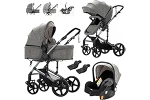 REENBORN 3 in 1 Baby Travel System, Reversible Baby Stroller, Pushchair Luxury Baby High Landscape Pram, Portable Standard Pram Buggy, Foldable Baby Carriage for Newborn Toddler (MG588-Grey Without Base)