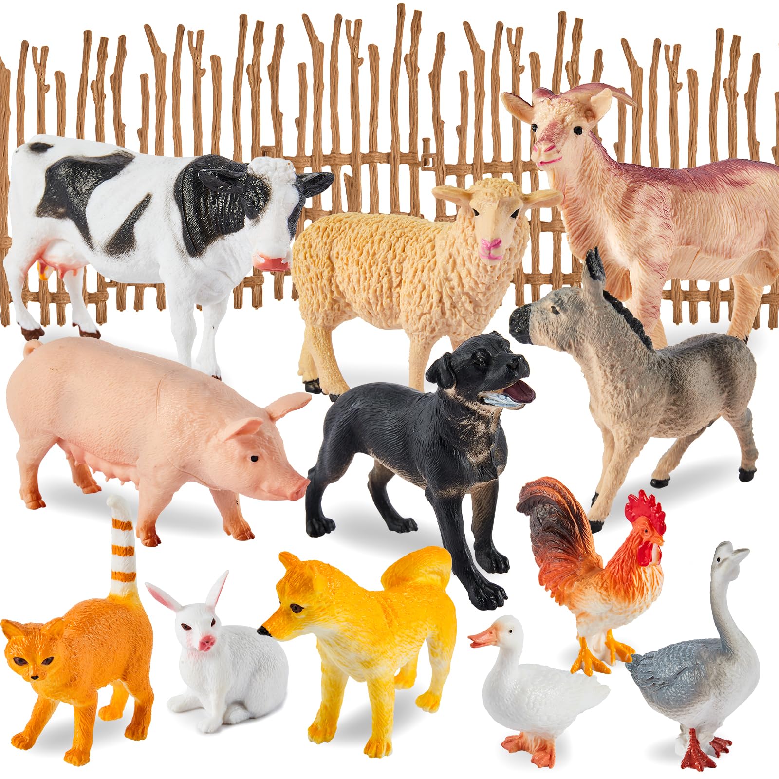BUYGER Kids Farm Animals Toys for 3 Years Olds, Large and Mini Size Animals Figurines Set with Assemble Fence, Realistic Plastic Farmyard Toys Gifts for Kids Toddler Boys Girls