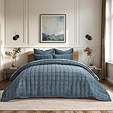 EVERGRACE 3 Pieces Luxurious Velvet Quilt King Size, Ultra Soft Bedspread Coverlet Set, Double Box Stitch Lightweight Velvet Comforter for All Season with 2 Shams, Stormy Blue, 108"x96"