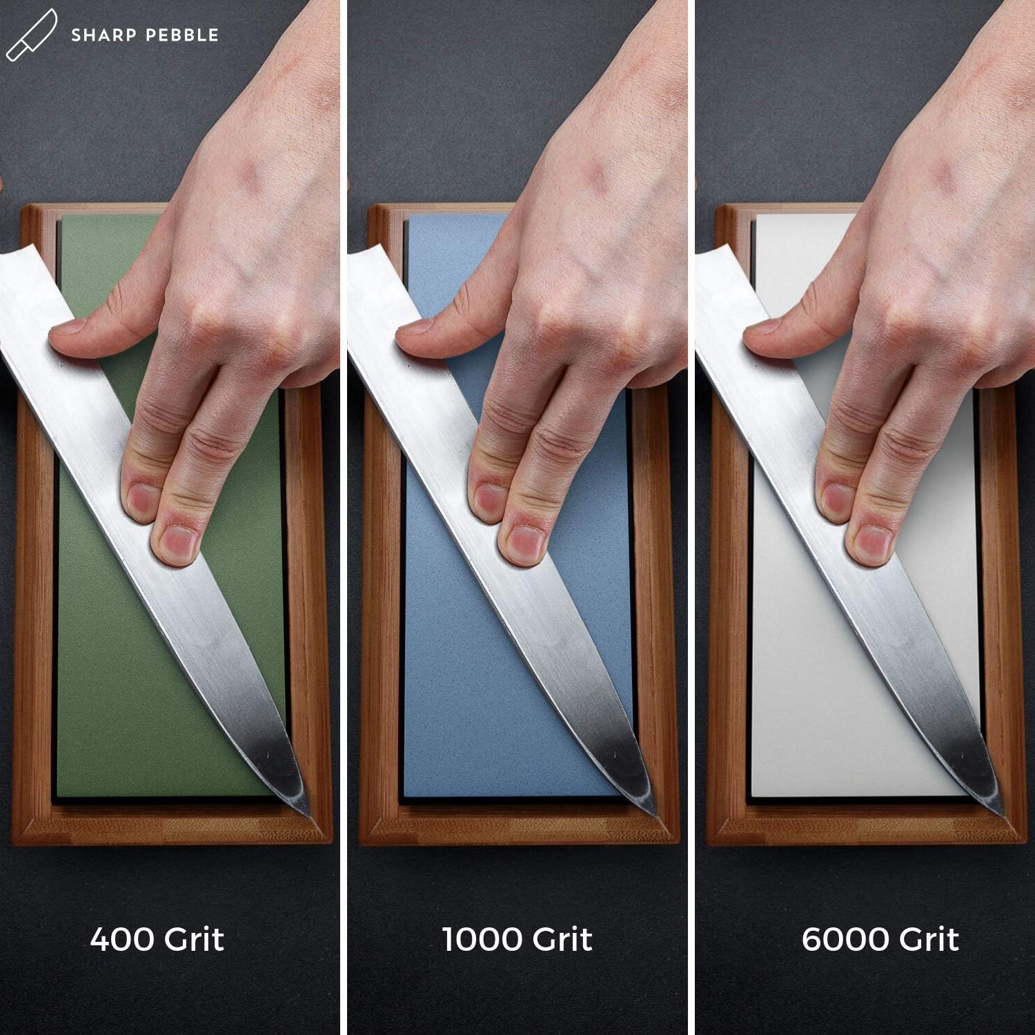 Sharp Pebble Extra Large Sharpening Stone Set - Whetstone Knife Sharpener Set - Grits 400/1000/6000 Waterstone & Flattening Stone - Kitchen Knife Sharpener with NonSlip Bamboo Base - - 