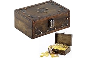 Threehoney Wooden Treasure Chest 7" x 5" x 3" Vintage Pirate Chest Keepsake Box with Hinged Lid for Jewelry Storage Coins Trinkets Rustic Decorative Box for Table Home Decor