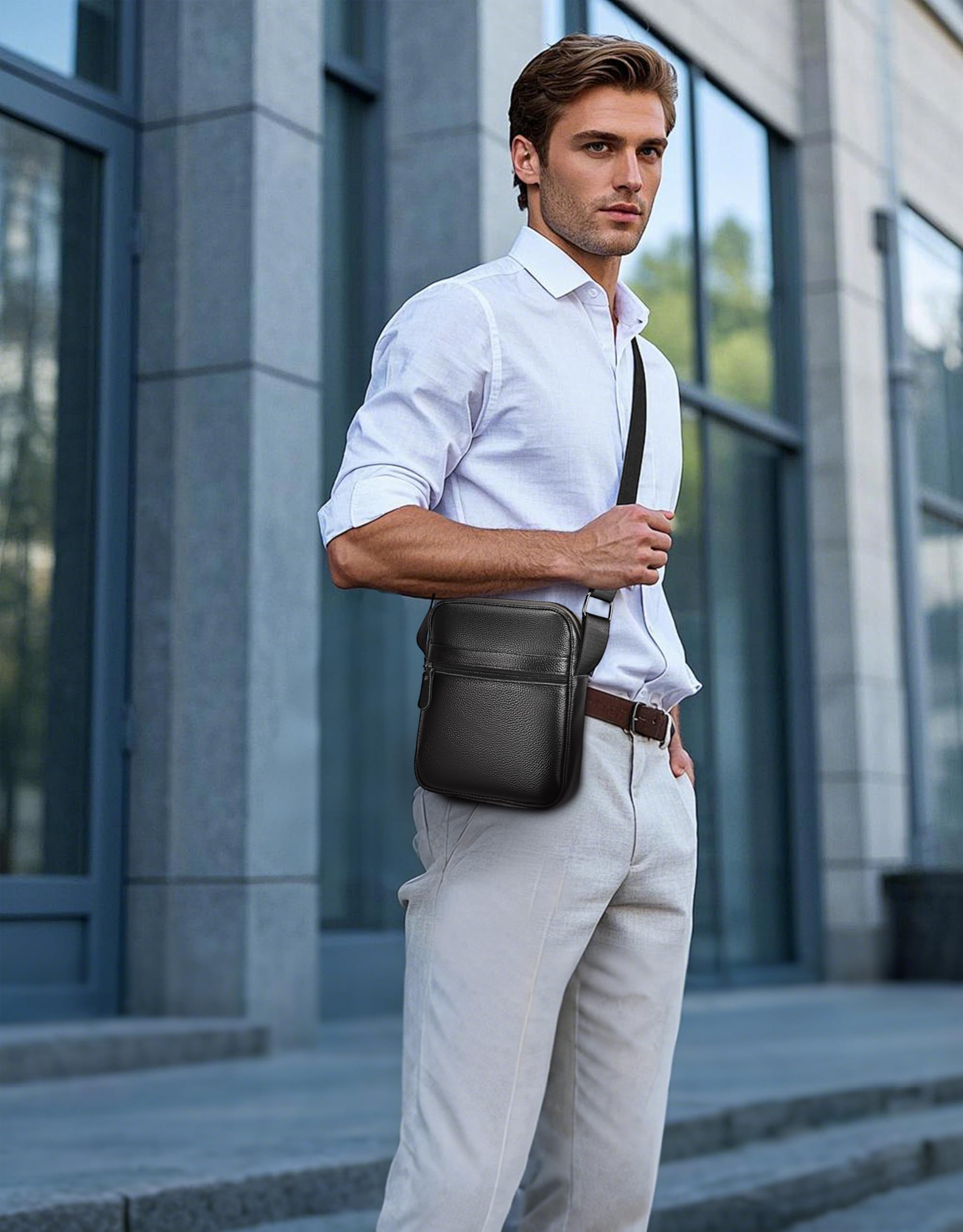 Leathario Men's Crossbody Shoulder Bag, Genuine Leather Small Messenger Satchel for Work Business Travel, Black Side Purse