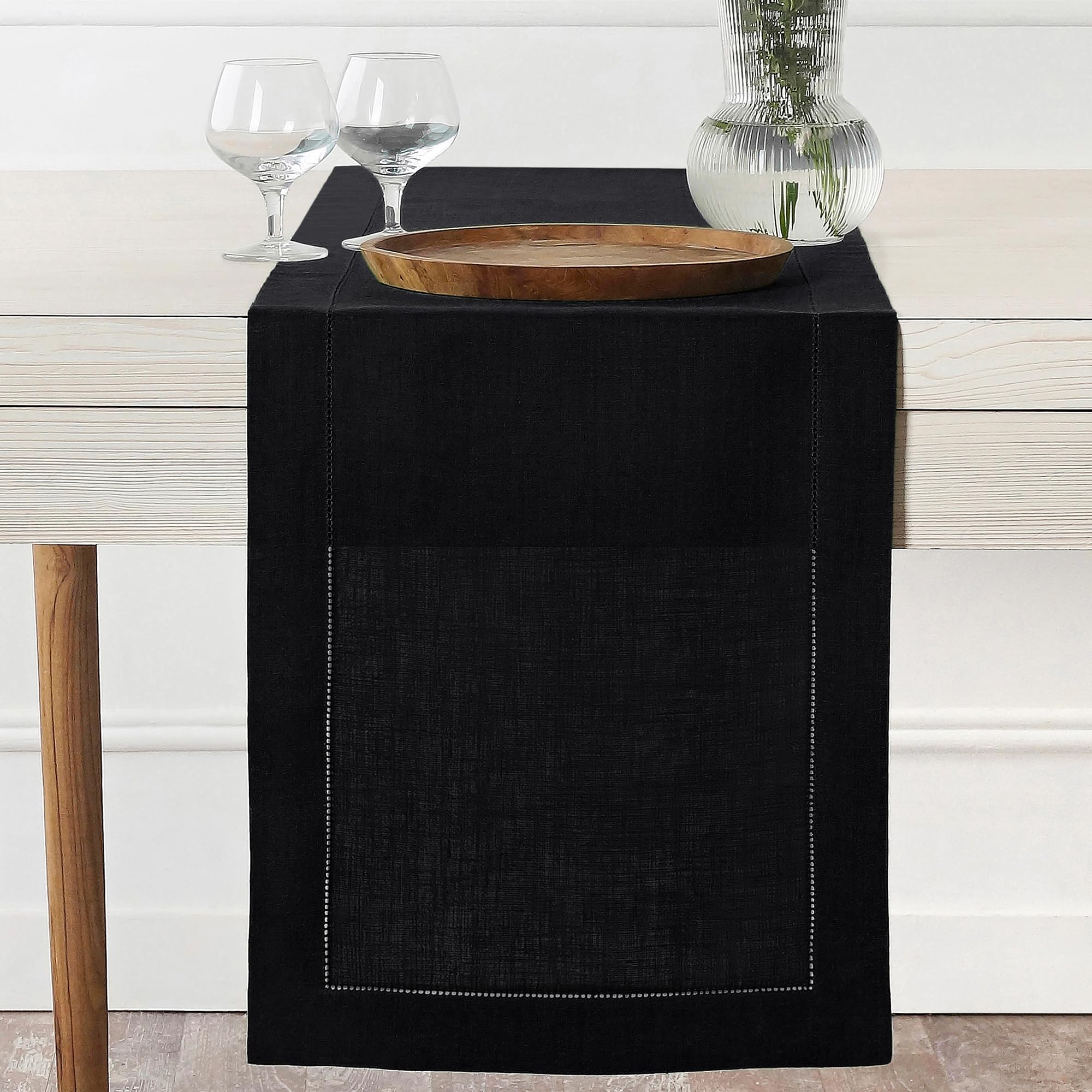 D'Moksha Homes Linen Black Table Runner 229 CM Long - Classic Hemstitch 100% Pure Linen Dining Table Runner 36 x 229 cm for Winter, Christmas, Holiday