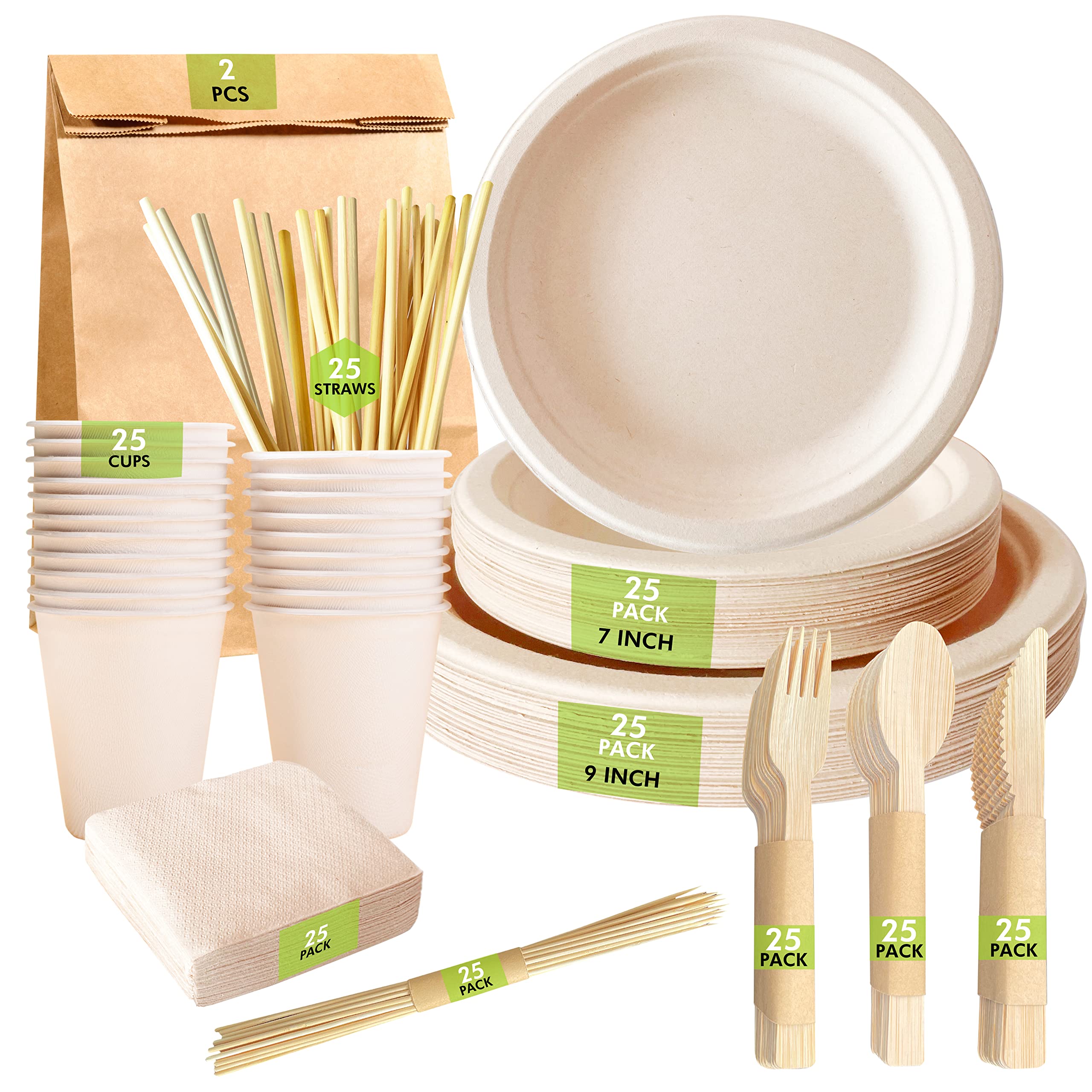 Compostable Paper Plates Dinnerware Set, [7 in 1, 227 PCS] for BBQ & Picnic Parties –Plates, Cutlery, Cups, Straw, Napkin, Skewer sticks | Party Plates & Cups Set, Heavy Duty, Eco-friendly, Picnic Set