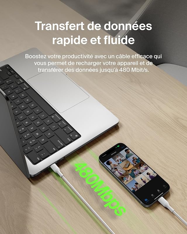 Eco Câble USB-C vers USB-C avec gaine tressée, 2 m, 240 W, doux au toucher, souple, Câble de recharge rapide, pour iPhone 16, Galaxy S25, Pixel 9, MacBook, iPad Pro, etc.- Blanc (USB 2.0)