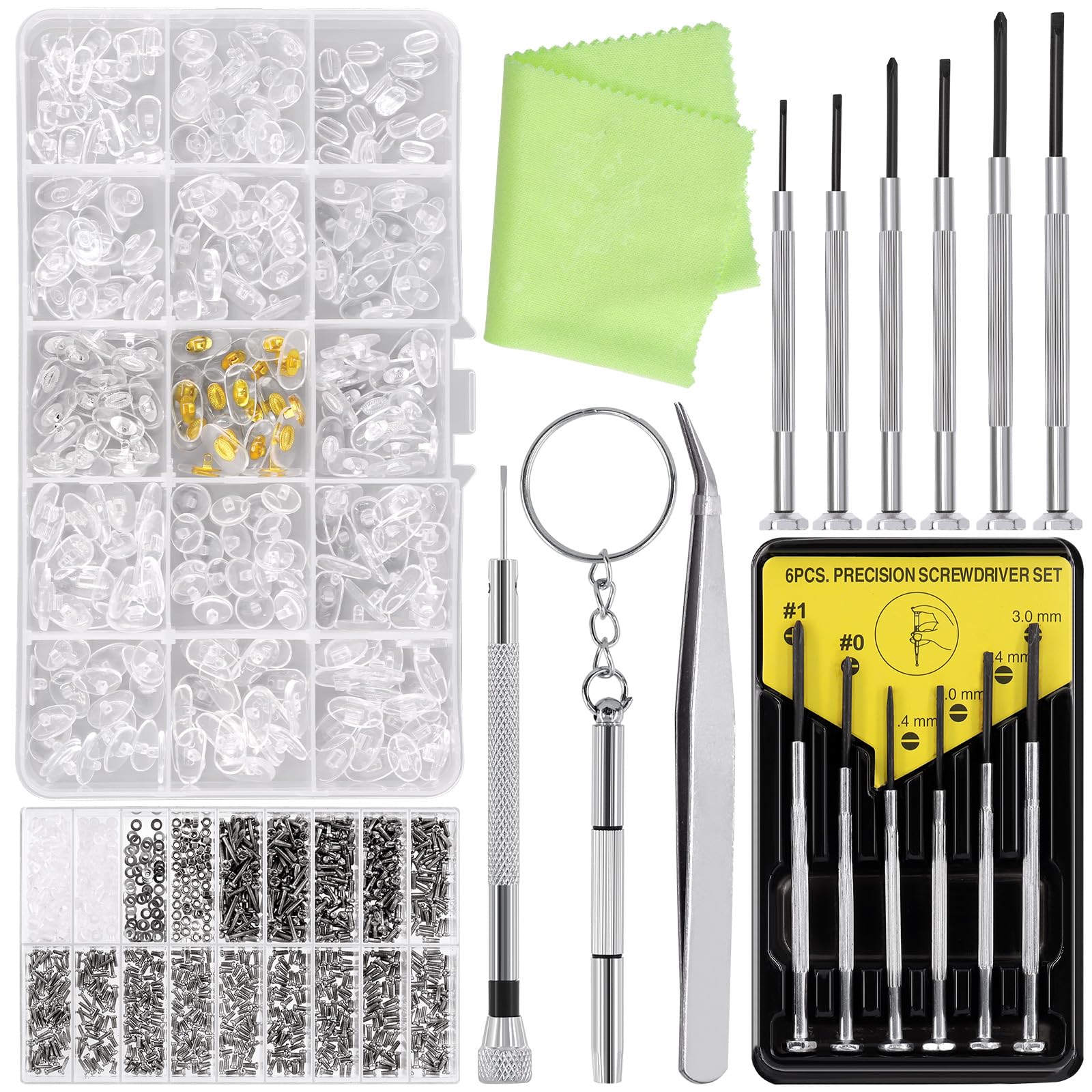Glarks 1310Pcs Eyeglass Repair Kit Including 1000Pcs Glasses Screws, 300Pcs Nose Pads Kit, 6Pcs Screwdrivers, Tweezers, Glasses Cloth for Glasses, Eyeglasses and Sunglasses Repair